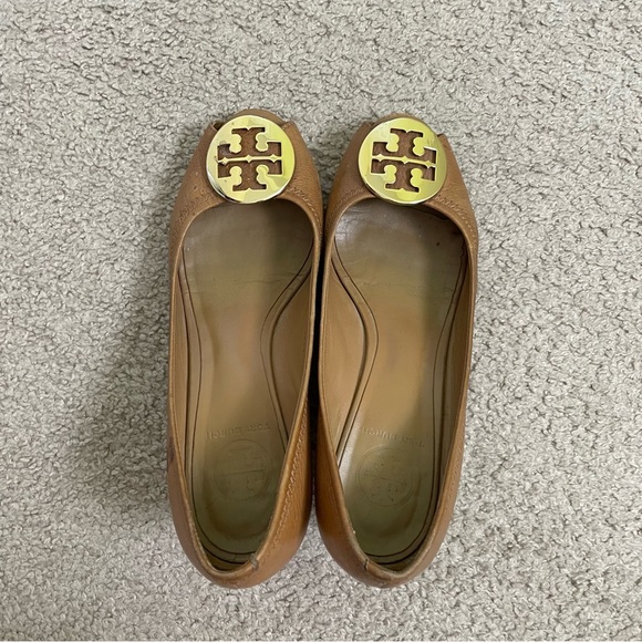 Tory Burch Peep Toe Brown / Tan Leather Wedges SIZE 8.5 - Picture 6 of 9
